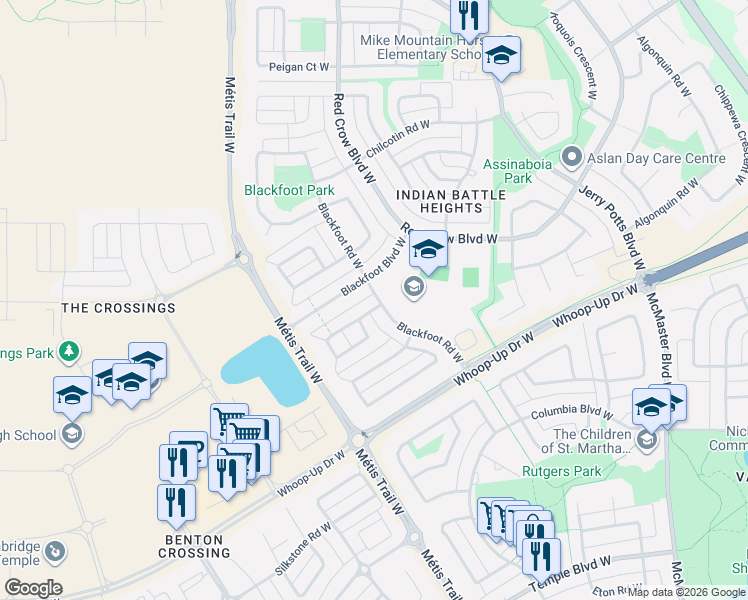 map of restaurants, bars, coffee shops, grocery stores, and more near 79 Blackfoot Boulevard West in Lethbridge