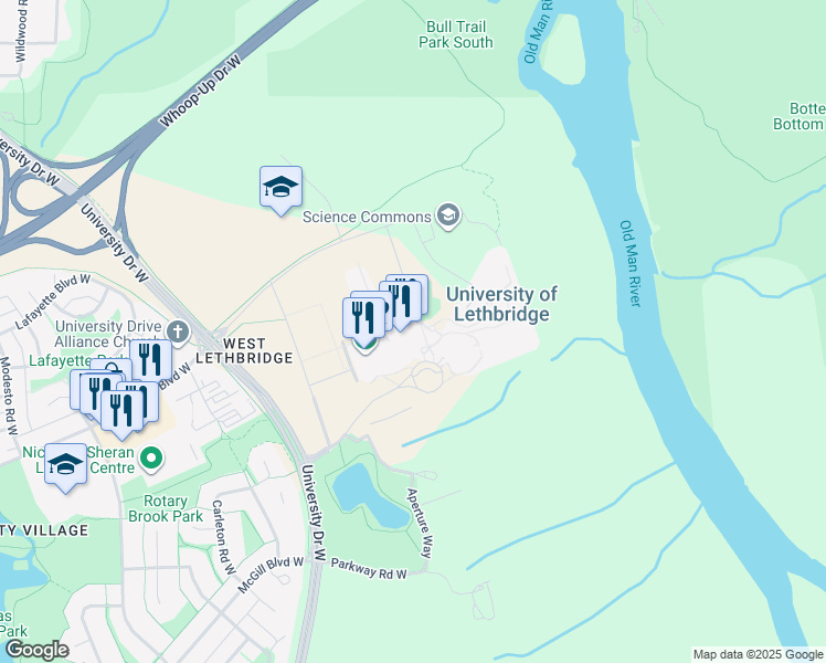 map of restaurants, bars, coffee shops, grocery stores, and more near 4401 University Drive West in Lethbridge