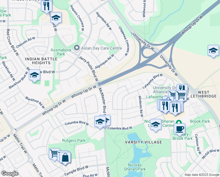 map of restaurants, bars, coffee shops, grocery stores, and more near Whoop-Up Drive in Lethbridge