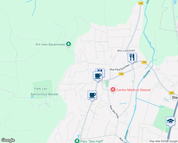 map of restaurants, bars, coffee shops, grocery stores, and more near 27 Rue de la Foret in Steinsel