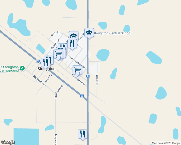 map of restaurants, bars, coffee shops, grocery stores, and more near 312 Russell Street in Stoughton