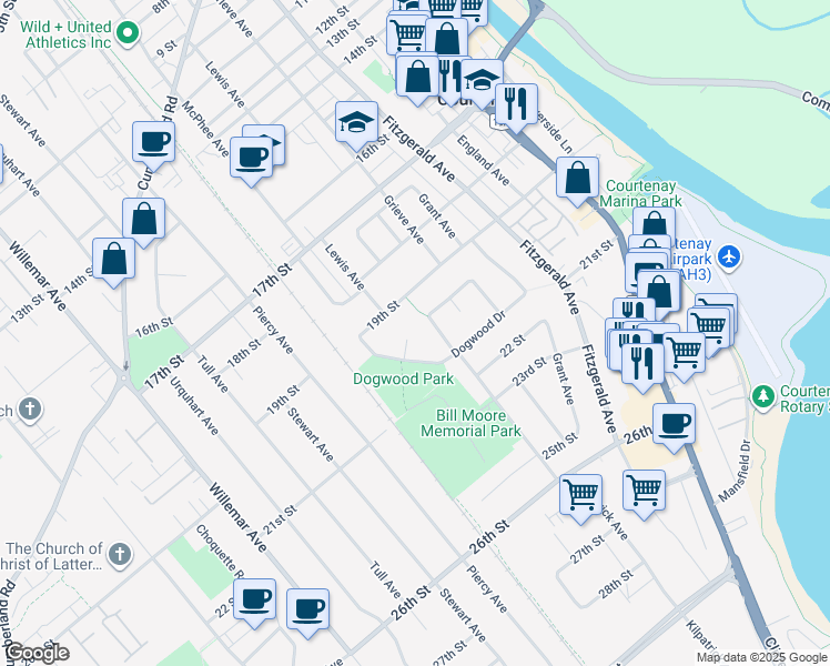 map of restaurants, bars, coffee shops, grocery stores, and more near 2020 Pine Place in Courtenay