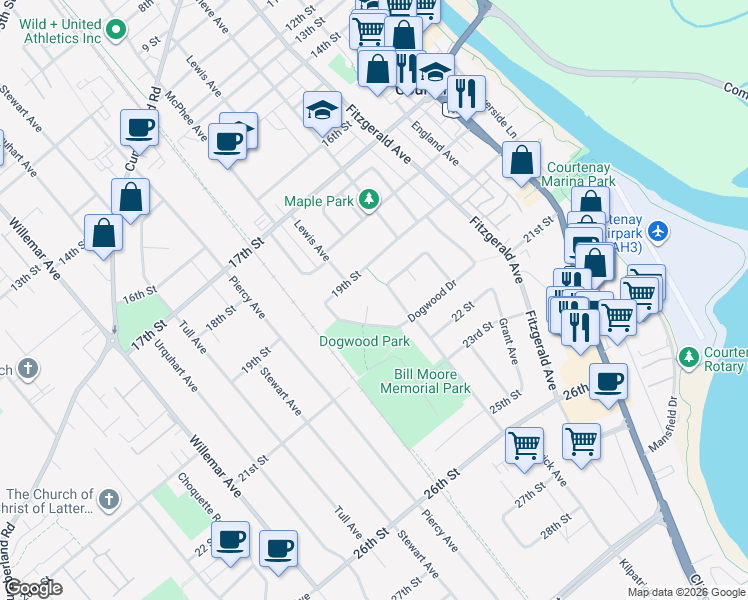 map of restaurants, bars, coffee shops, grocery stores, and more near 2020 Pine Place in Courtenay