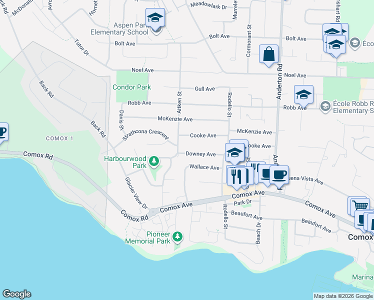 map of restaurants, bars, coffee shops, grocery stores, and more near 2178 Downey Avenue in Comox