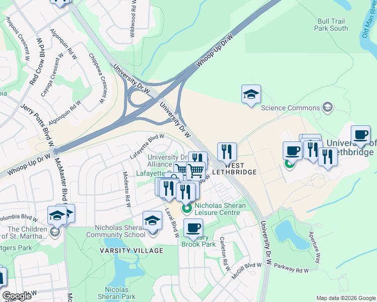 map of restaurants, bars, coffee shops, grocery stores, and more near 65 Lafayette Boulevard West in Lethbridge