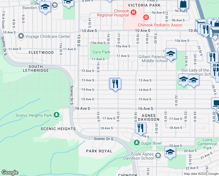 map of restaurants, bars, coffee shops, grocery stores, and more near 1601 14 Avenue South in Lethbridge