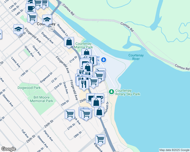 map of restaurants, bars, coffee shops, grocery stores, and more near 2300 Mansfield Drive in Courtenay