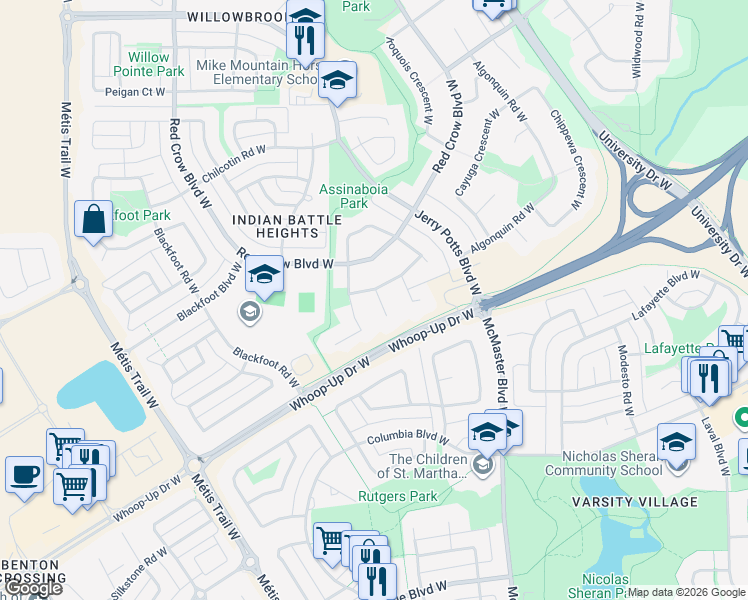 map of restaurants, bars, coffee shops, grocery stores, and more near 200 Ojibwa Place West in Lethbridge