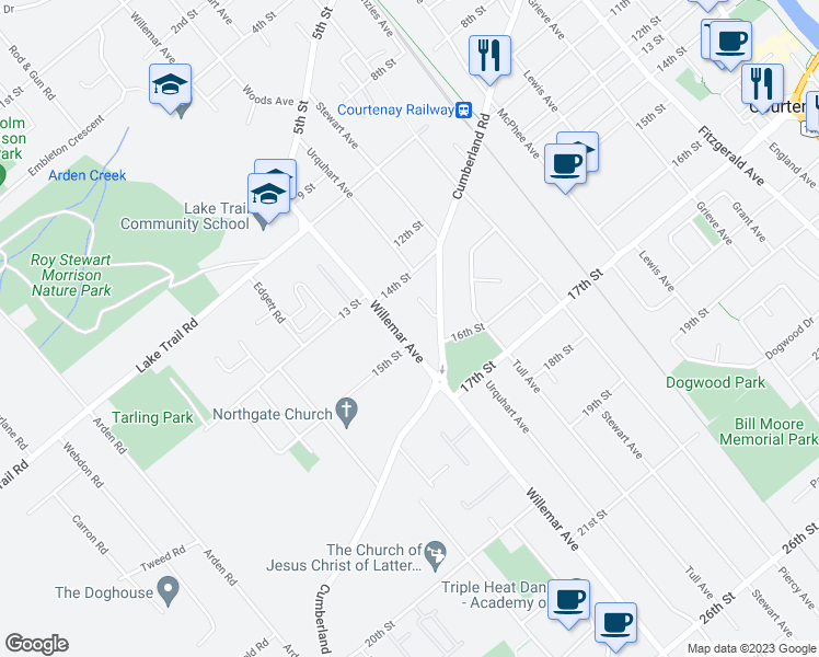map of restaurants, bars, coffee shops, grocery stores, and more near 1550 Willemar Avenue in Courtenay