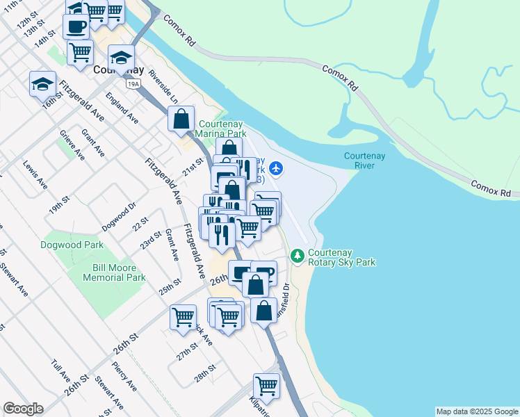 map of restaurants, bars, coffee shops, grocery stores, and more near 2300 Mansfield Drive in Courtenay