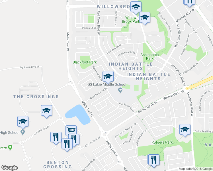 map of restaurants, bars, coffee shops, grocery stores, and more near 79 Blackfoot Boulevard West in Lethbridge