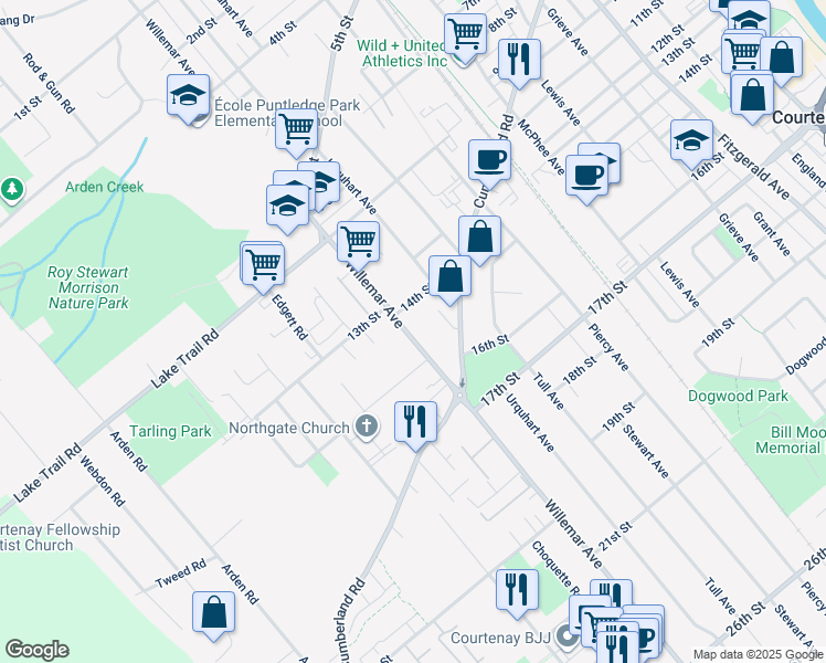 map of restaurants, bars, coffee shops, grocery stores, and more near 1550 Willemar Avenue in Courtenay