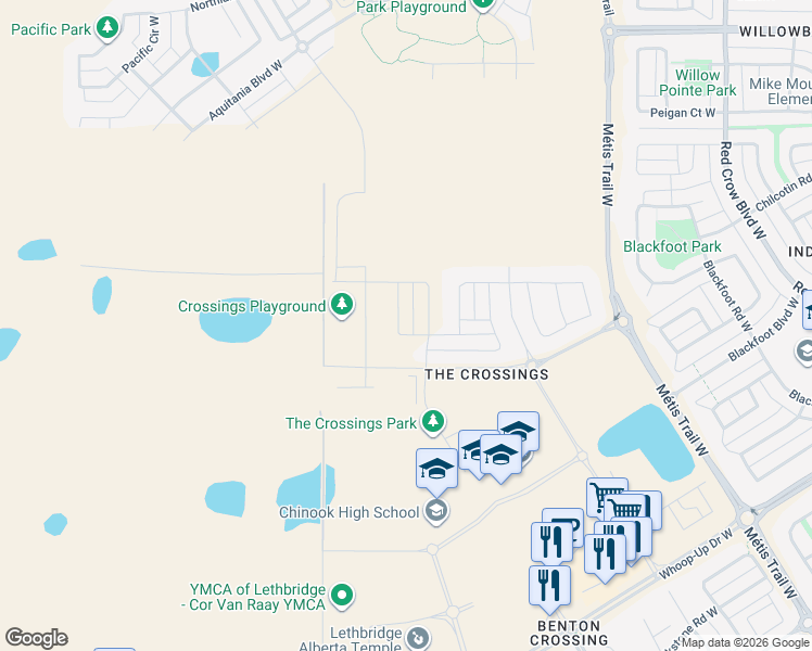 map of restaurants, bars, coffee shops, grocery stores, and more near 379 Caledonia Boulevard West in Lethbridge