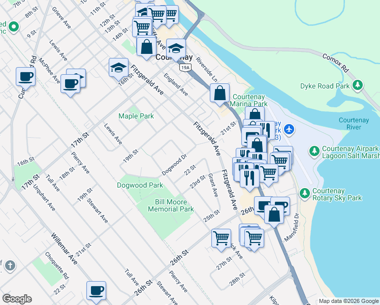 map of restaurants, bars, coffee shops, grocery stores, and more near 1929 Dogwood Drive in Courtenay