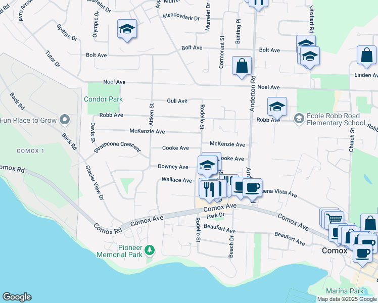 map of restaurants, bars, coffee shops, grocery stores, and more near 2123 Cooke Avenue in Comox