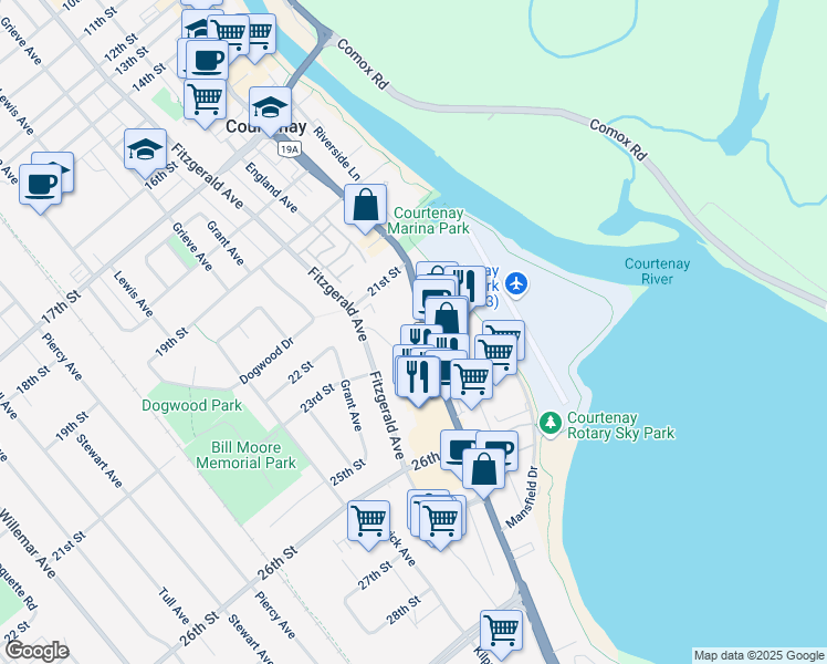 map of restaurants, bars, coffee shops, grocery stores, and more near 2230 Cliffe Avenue in Courtenay