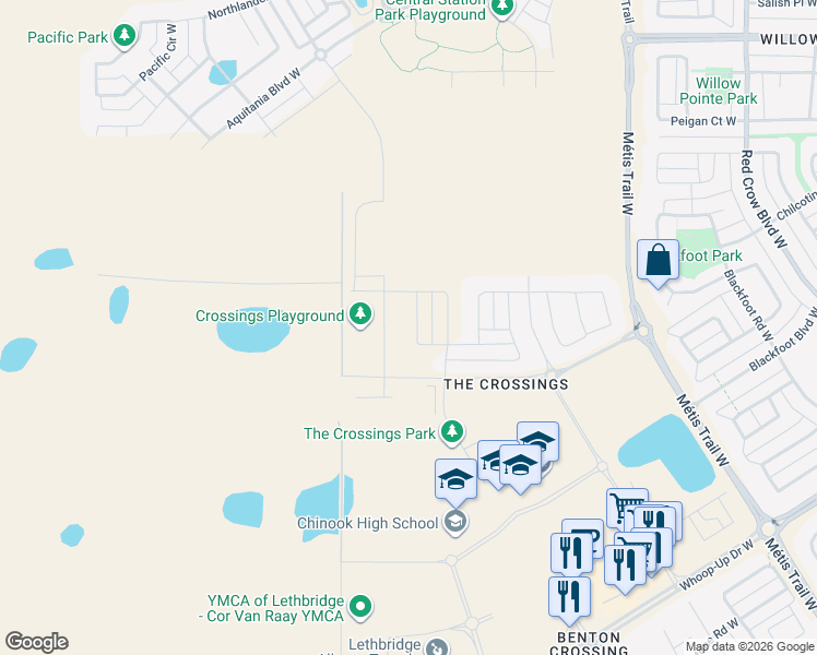 map of restaurants, bars, coffee shops, grocery stores, and more near 379 Caledonia Boulevard West in Lethbridge