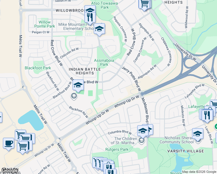 map of restaurants, bars, coffee shops, grocery stores, and more near 200 Ojibwa Place West in Lethbridge