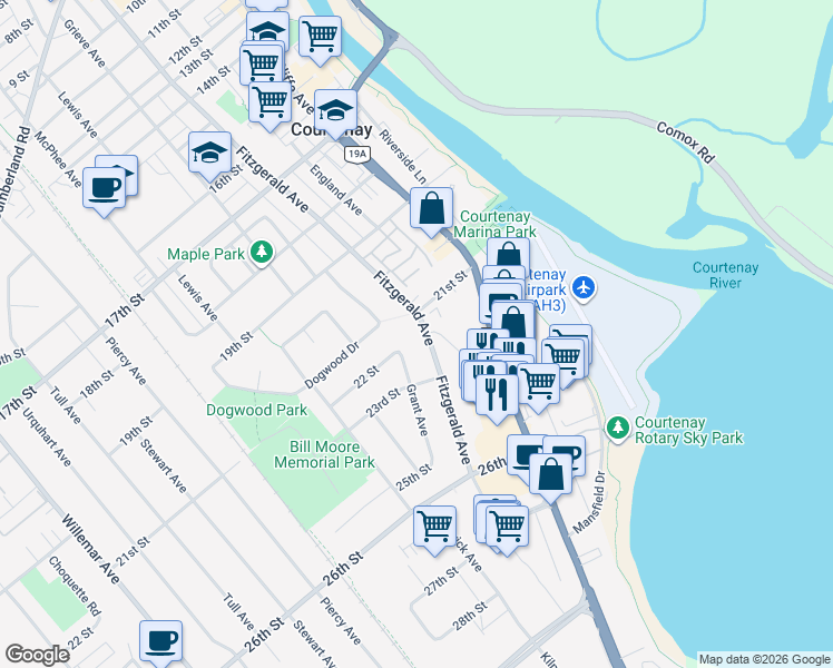 map of restaurants, bars, coffee shops, grocery stores, and more near 2151 Fitzgerald Avenue in Courtenay