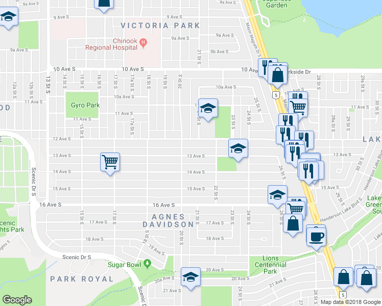 map of restaurants, bars, coffee shops, grocery stores, and more near 2015 13 Avenue South in Lethbridge