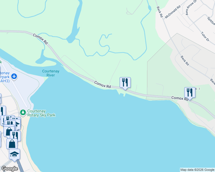 map of restaurants, bars, coffee shops, grocery stores, and more near 2940 Comox Road in Courtenay