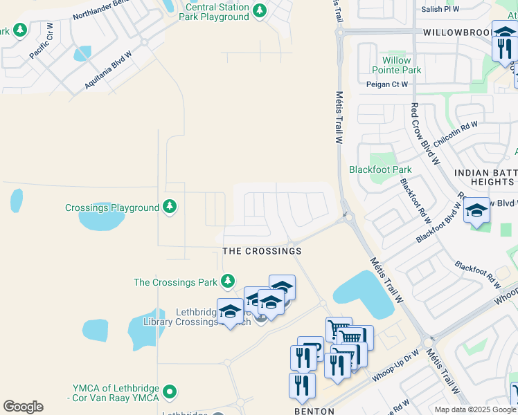 map of restaurants, bars, coffee shops, grocery stores, and more near 417 Devonia Way West in Lethbridge