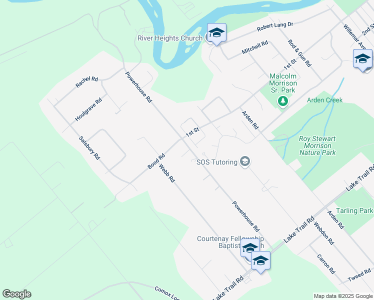 map of restaurants, bars, coffee shops, grocery stores, and more near 121 Marich Lane in Courtenay