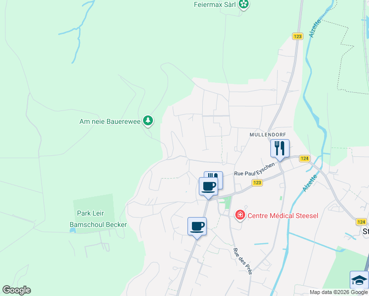 map of restaurants, bars, coffee shops, grocery stores, and more near 42 Rue de la Foret in Steinsel