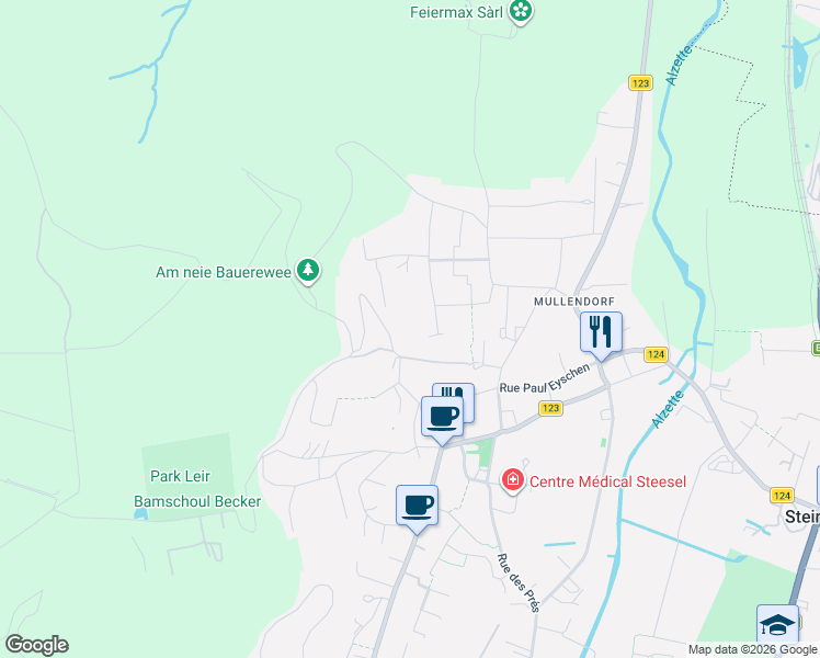 map of restaurants, bars, coffee shops, grocery stores, and more near 10 Rue de la Foret in Steinsel
