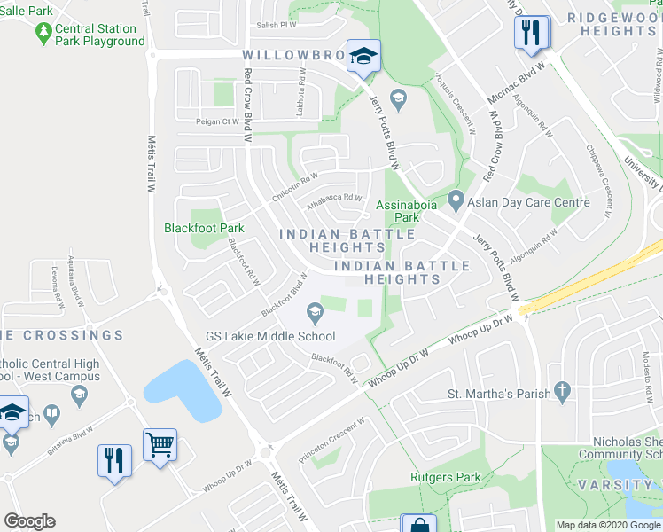 map of restaurants, bars, coffee shops, grocery stores, and more near in Lethbridge