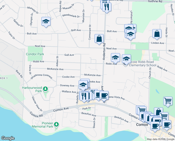 map of restaurants, bars, coffee shops, grocery stores, and more near 404 Thistle Court in Comox