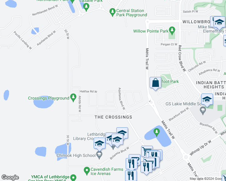 map of restaurants, bars, coffee shops, grocery stores, and more near 417 Devonia Way West in Lethbridge