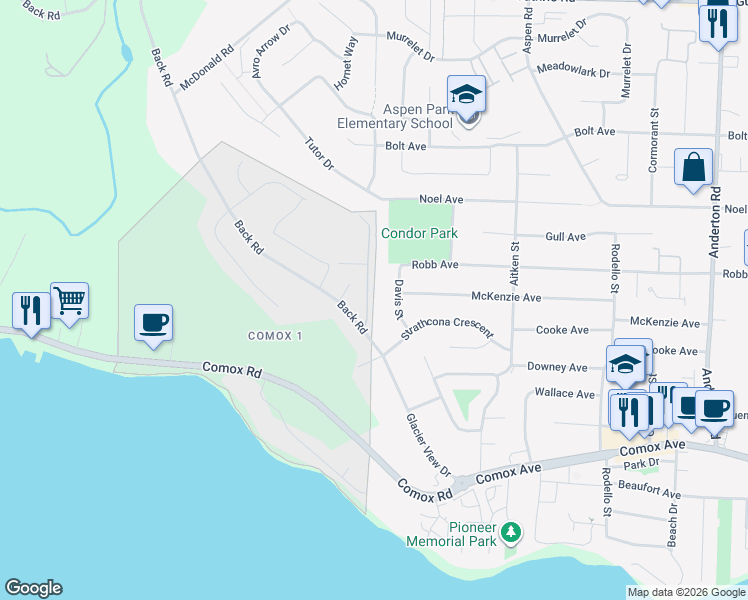 map of restaurants, bars, coffee shops, grocery stores, and more near 6 Saseetla Crescent in Comox