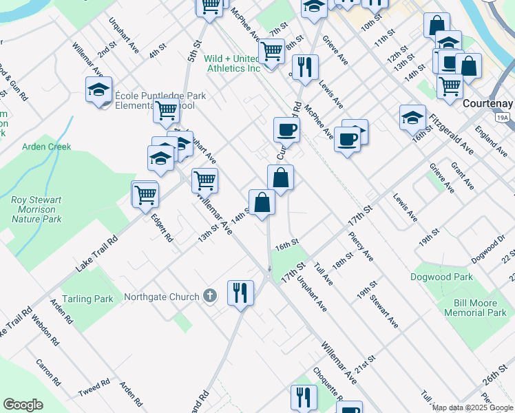 map of restaurants, bars, coffee shops, grocery stores, and more near 1241 14th Street in Courtenay