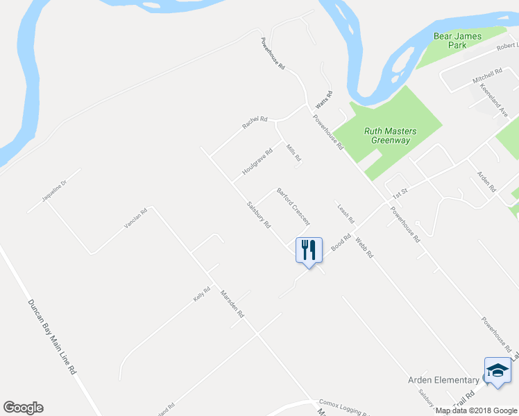 map of restaurants, bars, coffee shops, grocery stores, and more near 60 Salsbury Road in Courtenay