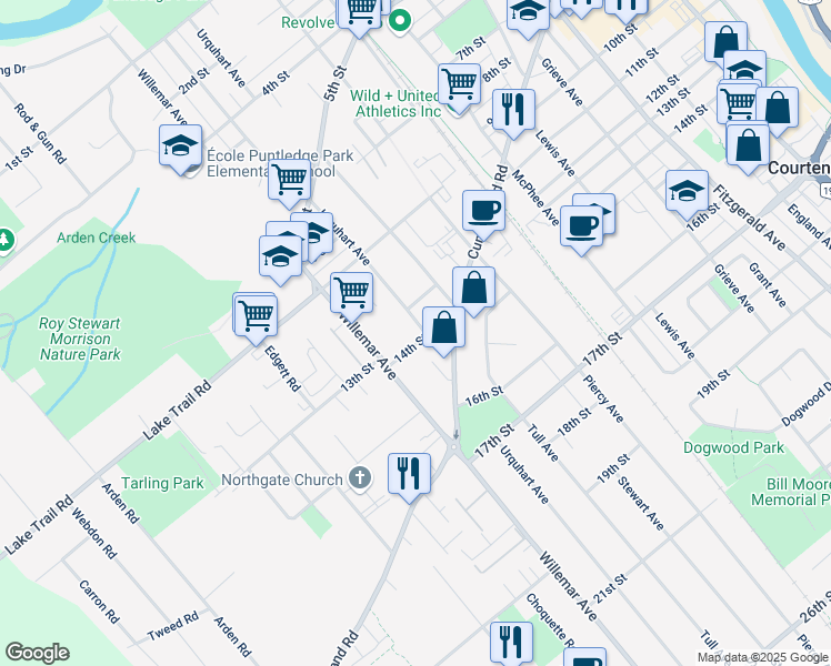 map of restaurants, bars, coffee shops, grocery stores, and more near 1241 14th Street in Courtenay