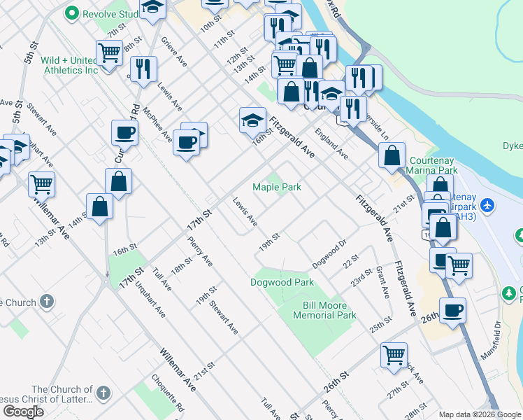 map of restaurants, bars, coffee shops, grocery stores, and more near 721 18th Street in Courtenay