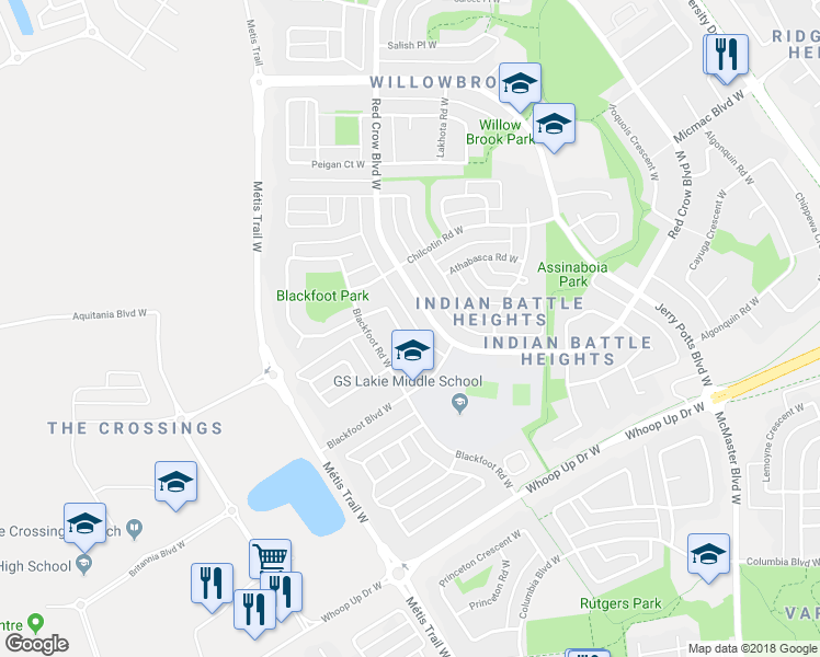 map of restaurants, bars, coffee shops, grocery stores, and more near 57 Blackfoot Crescent West in Lethbridge