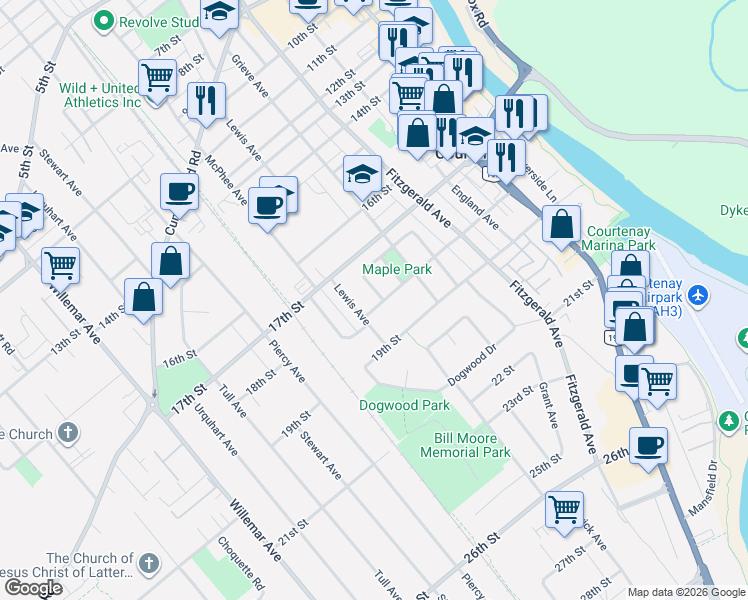 map of restaurants, bars, coffee shops, grocery stores, and more near 721 18th Street in Courtenay