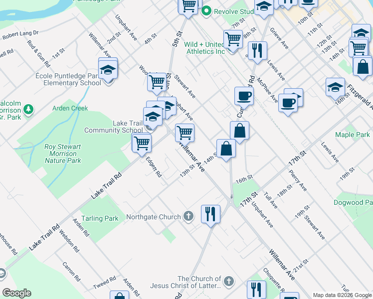 map of restaurants, bars, coffee shops, grocery stores, and more near 1130 Willemar Avenue in Courtenay