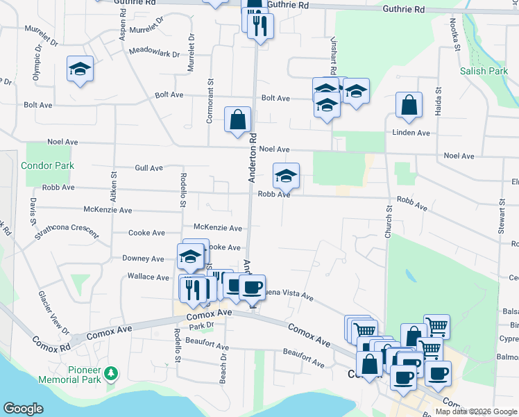 map of restaurants, bars, coffee shops, grocery stores, and more near 618 Anderton Road in Comox