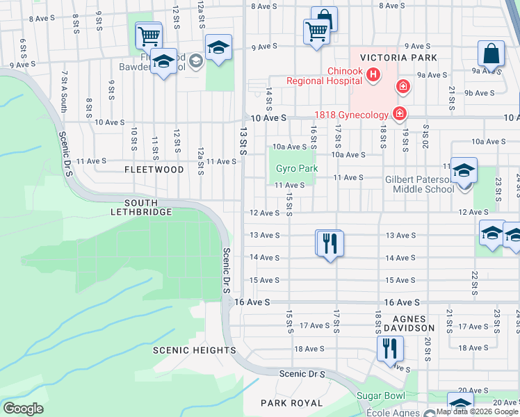 map of restaurants, bars, coffee shops, grocery stores, and more near 1132 14 Street South in Lethbridge