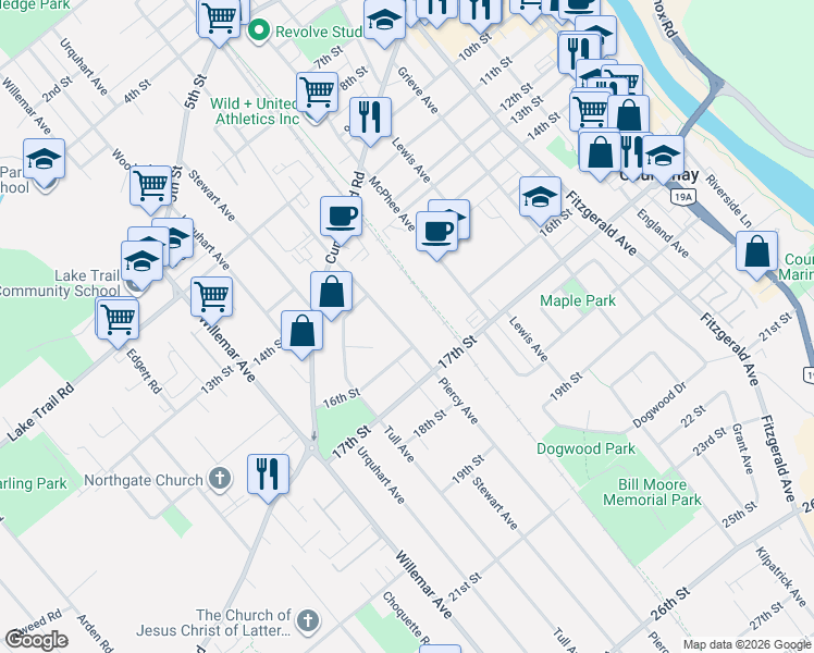 map of restaurants, bars, coffee shops, grocery stores, and more near 1590 Piercy Avenue in Courtenay