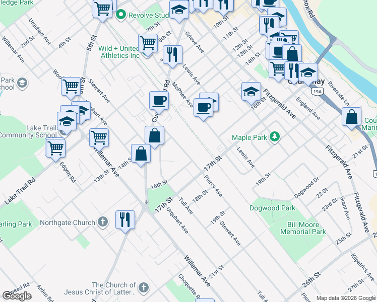 map of restaurants, bars, coffee shops, grocery stores, and more near 1590 Piercy Avenue in Courtenay