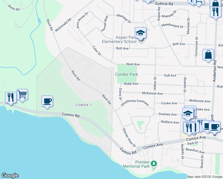 map of restaurants, bars, coffee shops, grocery stores, and more near 6 Saseetla Crescent in Comox