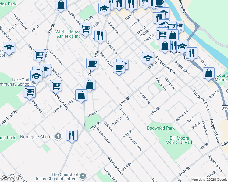 map of restaurants, bars, coffee shops, grocery stores, and more near 1590 Piercy Avenue in Courtenay