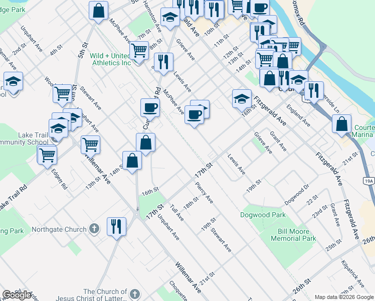 map of restaurants, bars, coffee shops, grocery stores, and more near 1590 Piercy Avenue in Courtenay