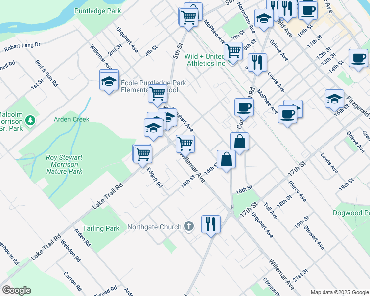 map of restaurants, bars, coffee shops, grocery stores, and more near 1251 10th Street in Courtenay