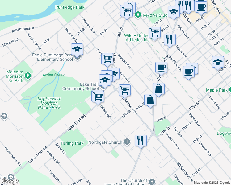 map of restaurants, bars, coffee shops, grocery stores, and more near 1005 Willemar Avenue in Courtenay
