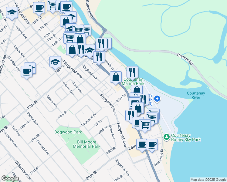 map of restaurants, bars, coffee shops, grocery stores, and more near 1970 Fitzgerald Avenue in Courtenay